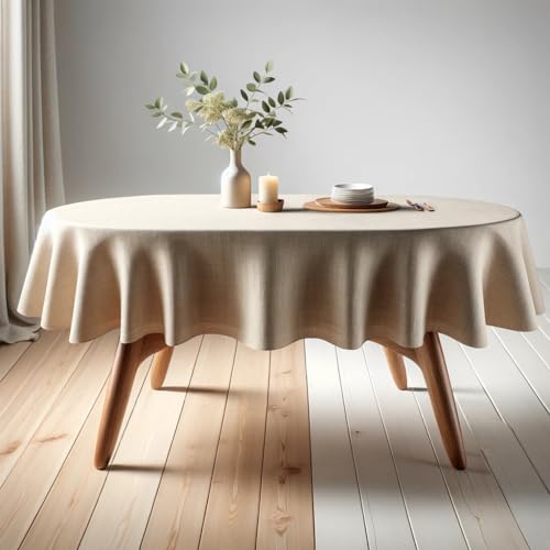 SANLEHAUSE Leinen Tischdecke Beige Oval 155 x 260cm, Handgefertigt Tischtuch, Natürliches Umweltfreundliches Material, Einfarbige Tischdecke, Hohl, klassisches Design von SANLEHAUSE