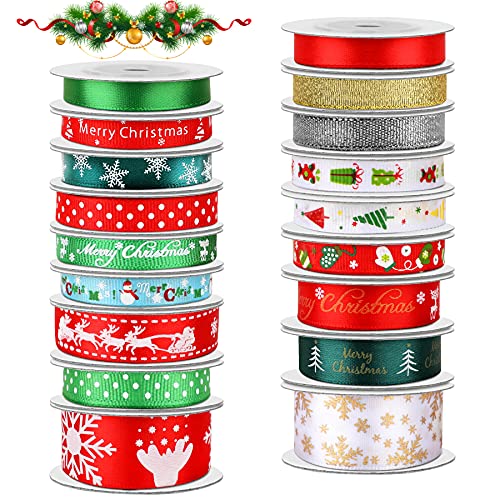 SANNIX 18 Rollen 90 Yards Weihnachtsbänder, bedruckt, Ripsband, metallischer Glitzer, Bastelstoff für Weihnachten, Geschenkverpackung, Dekoration, 3 Größen von SANNIX