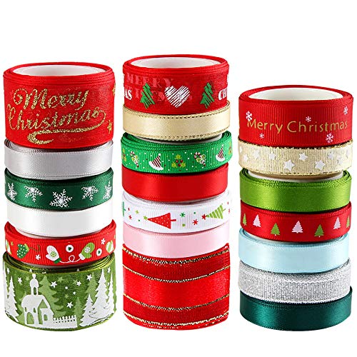 SANNIX 20 Stück 3 Größen Weihnachtsbänder für Bastelarbeiten, Urlaub, bedruckte Ripsband-Organza-Satinbänder, metallische Glitzer-Stoffbänder, Bulk-Geschenkverpackungsschleife (20 x 2 m) von SANNIX