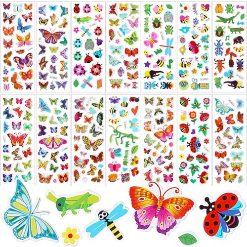 SANNIX 200 Stück 3D-Insekten-Schmetterling-Aufkleber für Kinder, 14 Blatt, geschwollene Tiere, Aufkleber für Scrapbooking, Bullet Journal von SANNIX