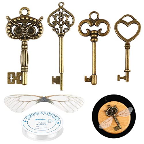 SANNIX 30 Stück Vintage-Skelettschlüssel, fliegende Schlüssel, Anhänger mit 30 Paar Libellenflügeln und 27,8 m elastischer Kristallschnur, für DIY-Weihnachtsdekoration von SANNIX