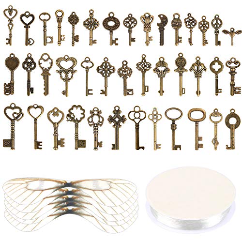 SANNIX 40 Stück Vintage Skelett Schlüssel Fliegende Schlüssel Charms, 40 Libellenflügeln, 30m Elastische Kristallschnur, für DIY Hochzeitsparty-Dekorationen von SANNIX