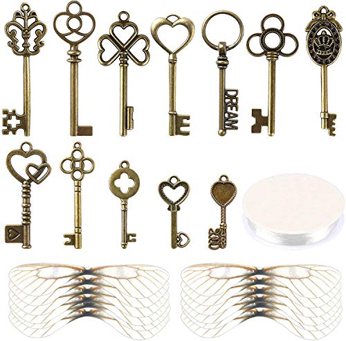 SANNIX 48 Stück Vintage Skelett Schlüssel Fliegende Schlüssel Charms mit 50 Paar Libellenflügel und 30m Elastische Kristallschnur für DIY Schmuckherstellung Hochzeit Party Gastgeschenke Raumdekoration von SANNIX