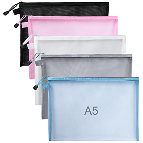 Dokumententasche A5 Reißverschlusstasche 5Stk Mesh Bag Transparent Datei Taschen aus Kunststoff Zipper Tasche für Schulbüro Hausaufgaben Speicher Farbe Taschen von SANOU