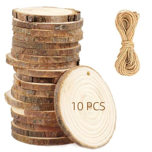 10 Stücke Klein Baumscheiben Rund，Holzkreise，Holz-Scheiben，Ca.10mm Dicke，Natürliche Jute Seil，Vorgebohrt mit Loch，DIY, Deko, Basteln, Hochzeit, Aufhängen(Size:5-6cm（2-2.4in）) von SANSWUNIU