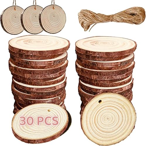 30 Stücke Holz-Scheiben，Klein Baumscheiben Rund，Holzkreise，Ca.10mm Dicke，Natürliche Jute Seil，Vorgebohrt mit Loch，DIY, Deko, Basteln, Hochzeit, Aufhängen(Size:6-8cm（2.4-3.2in）) von SANSWUNIU