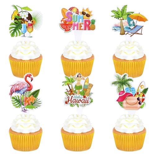 24 Stück Hawaiianische Tortendeko，Hawaiianische Cupcake Topper，Sommer Strand Pool Geburtstagstorte Dekoration，Geburtstag Hawaii Party Decoration，Tropische Tortendekorationen von SANYUANHE