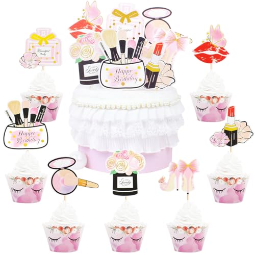 SANYUANHE 14 Stück Kosmetik-Cupcake-Toppers-Kuchen-Dekoration, Göttinnen-Geburtstag, Make-up-Thema, Happy birthday，Lippenstift-Tortendeko, Wimpern-Dekoration für Geburtstagspartys, Kuchen-Dekoration von SANYUANHE