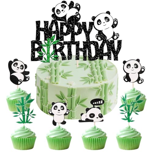 SANYUANHE 25 Stück Panda Kuchen Dekoration,Niedliche Tierfiguren Tortenverzierung-Natürliche Motive-Grüne Bambusblätter-Cupcake Toppers für Baby Shower,Kindergeburtstag und Tierische Themenpartys von SANYUANHE