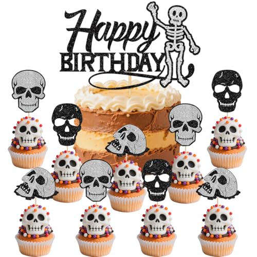 SANYUANHE 25 Stück Totenkopf Kuchen Deko,Skelett Motiv Deko für Geburtstagstorte,Grusel-Design Cupcake Topper für Gruselgeburtstag und Halloween-Geburtstag Themenpartys von SANYUANHE