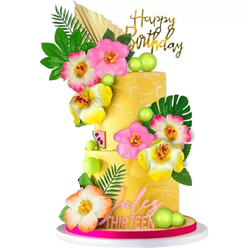 SANYUANHE 33 Stück Hawaii Kuchendekoration, Happy Birthday Cupcake Toppers Set，Blumen Deko Kuchen，Palmenblatt Partydekoration, Sommerliche Kuchendekoration, Geburtstagsparty-Set von SANYUANHE
