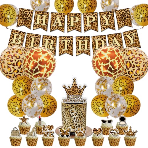 SANYUANHE 34 Stück Leopard Geburtstag Dekoration Wildtier Set，Leopardenmuster Happy Birthday Banner，Leoparden Luftballons Geburtstag，Kinder Gepard Thema Cupcake Topper Tortendeko von SANYUANHE