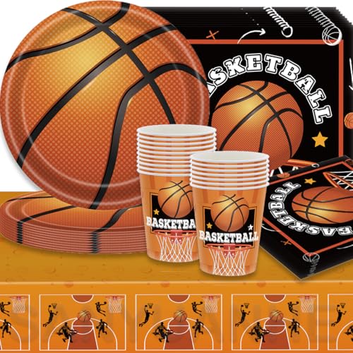 SANYUANHE 61 Pcs Basketball Party Tableware，Sports Theme Basketball Birthday Decoration,kids NBA Basketball Tableware Set Includes Plates, Cups, Napkins and Tablecloth Serves 20. von SANYUANHE