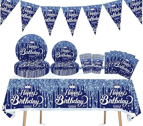 SANYUANHE 61 Stücke Dunkelblaues Geburtstagsparty Geschirr Deko, Blaue Diamant ‘Happy Birthday’ Dekoration, Kindergeburtstag Dekoration Set,Pappteller, Tassen,Servietten, Tischdecken von SANYUANHE