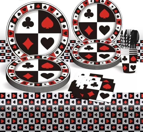 SANYUANHE 81 Pcs of Casino Party Tableware, Las Vegas Casino-Themed Birthday Party Decorations, Heart of Spades Set Including Balloons, Plates, Paper Cups, Napkins & Tablecloths (20 Guests) von SANYUANHE