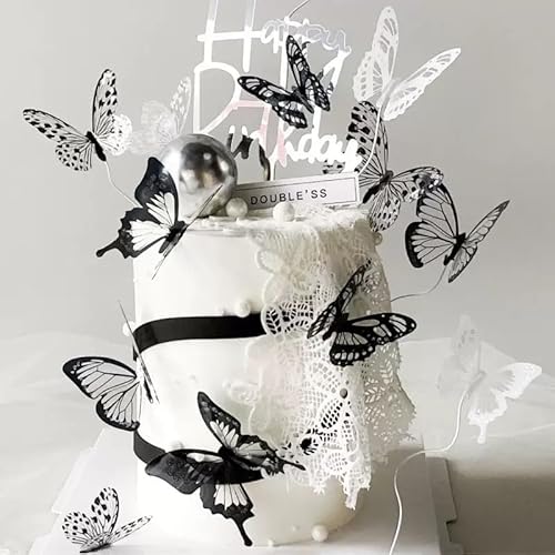 SANYUANHE Butterfly Cake Decoration, 13 Pieces Shiny Butterfly Cupcake Party Decoration Themes, 3D Butterfly Cake Decoration, DIY Happy Birthday Cake Set (Black & White) von SANYUANHE