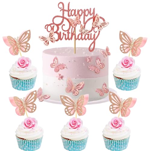 SANYUANHE Butterfly cake decoration, 25 pieces of shiny pink butterfly cake decoration theme, butterfly birthday party cake decoration for kids, cardboard glitter cake decoration SANYUANHE Butterfly cake decoration, 25 pieces of shiny pink butterfly cake decoration theme, butterfly birthday party cake decoration for kids, cardboard glitter cake decoration von SANYUANHE