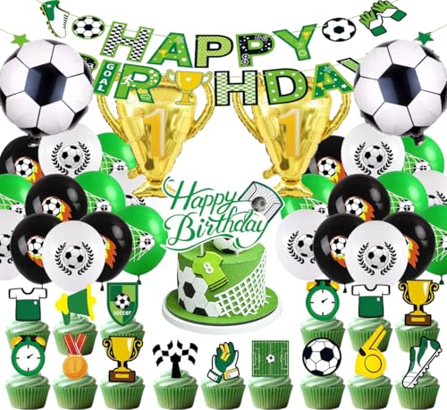 SANYUANHE Dekorationsset für eine Fußball-Geburtstagsparty, Fußball-Geburtstagskuchen-Dekoration, Football Banner Happy Birthday，Kindergeburtstag Trophäe Luftballons，41 Stück Fußballzubehör von SANYUANHE