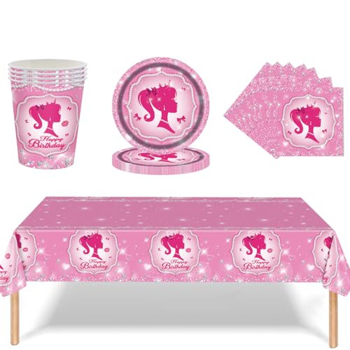 SANYUANHE Rosa Prinzessin Partygeschirr Set，Geburtstagsdeko für Mädchen，Prinzessin Geburtstagstischdeko，Baby Shower 16 Personen Pappteller Tassen Servietten Tischdecken（53 Stück） von SANYUANHE