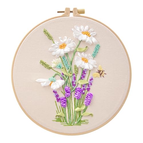 SARBUTER Band Stickset, 3D-Blumen-Design mit Rahmen, DIY Handarbeitskunst für Heimdekoration (weiß-rosa Blumen) von SARBUTER
