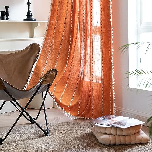 SASIGAYA Durchbrochene Bestickte Vorhänge Boho Orange Gardinenschals mit Ösen Baumwolle Leinen Wohnzimmer Lichtdurchlässige Vorhänge für Modern Schlafzimmer Wohnzimmer Kinderzimmer 2 Stück 140×140cm von SASIGAYA