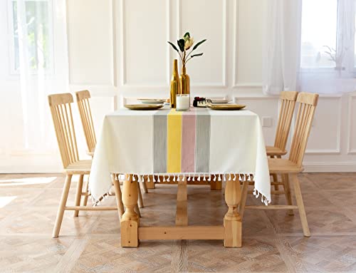 SASIGAYA Moderne Streifen Tischdecke Quaste Abwaschbar Rechteckige Wasserdicht Baumwolle Leinen Weiß Tischtuch Tischwäsche für Home Party Hochzeit Dekoration(140×220cm) von SASIGAYA