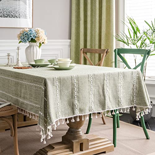SASIGAYA Tischdecken 140×240cm Grün Vintage Boho Landhausstil Rechteckige Baumwolle Leinen Tischdecke Abwaschbar Durchbrochene Tischuch mit Quasten für Küche Hochzeit Tischuch Tischdekoration von SASIGAYA