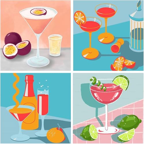 SASMOIYUG 4 Stück Malen nach Zahlen Erwachsene Cocktail-Gläser Paint by Numbers Adult Mit 3 - Pinseln und Acrylfarbe knitterfreie leinwand Kit DIY Handgemalt Ölgemälde Kit 20 X 20 CM Ohne Rahmen (B) von SASMOIYUG