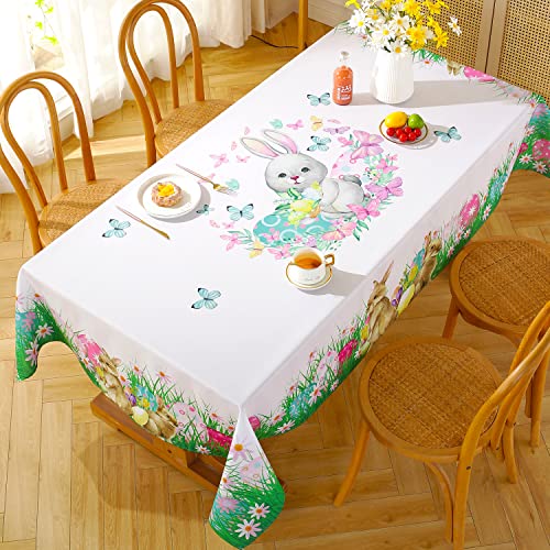 Rechteckige Oster-Tischdecke, Frühlingsblumen- und Hasen-Tischdecke, staubdicht, knitterfrei, Polyester-Tischdecke für Dekoration, Urlaub, Küche, Esszimmer, Tischplatte (152,4 x 259,1 cm) von SASTYBALE