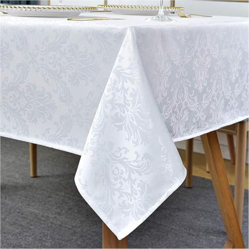 Rechteckige Tischdecke - 152 x 213 cm, Weiße Damast-Tischdecke, Jacquard-Design, Auslaufsicher, Anitterfrei, Wasserdicht, Weiche Polyester-Tischdecke für Küche, Partys, Tischplatte von SASTYBALE