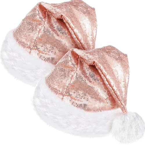 SATINIOR 2 Stücke Weihnachtsmütze, Unisex Samt Stoff Weihnachtsmann Mütze mit Komfort Futter und Roségold Pailletten für Erwachsene Neujahr Weihnachten von SATINIOR