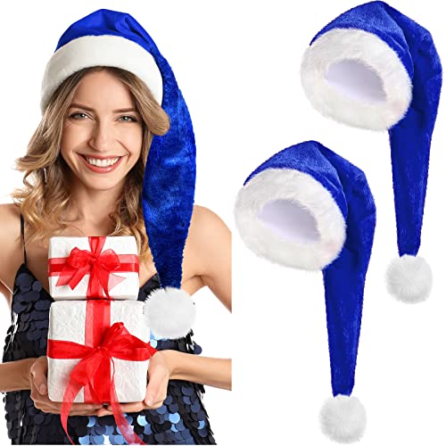 SATINIOR 2 Weihnachtsmütze Unisex Weihnachten Hut Weihnachtsmütze für Damen Herren Lange Weihnachtsmütze für Neujahr Festliche Urlaub Party (Blau, Samt) von SATINIOR