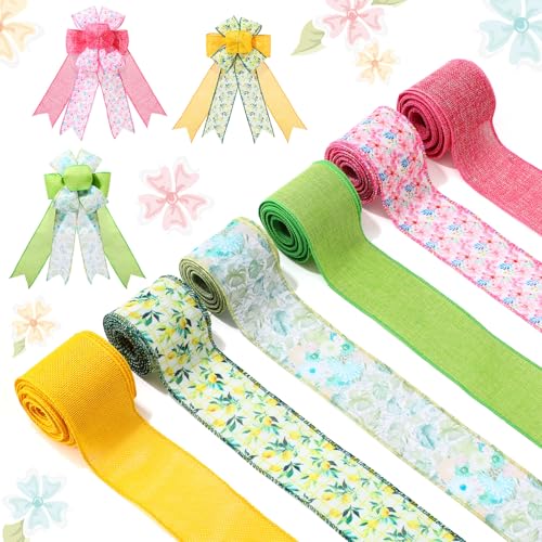 SATINIOR 6 Rollen Sommerband mit Drahtrand, 6,3 cm x 27,7 m, gelbe Tulpe, rosa und grüne Blume, Stoffband für Bastelarbeiten, Kranz, Schleife, Geschenkverpackungen, Hochzeit, Geburtstag, Babyparty von SATINIOR