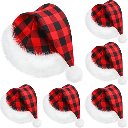 SATINIOR 6 Stück Nikolausmütze Weihnachtsmütze Hut für Erwachsene Unisex mit Futter Plüschkrempe für Neujahr (Buffalo Plaid, Erwachsenen Größe) von SATINIOR
