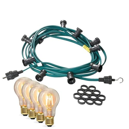 SATISFIRE Illu-/Partylichterkette Außenlichterkette ultra-warmweißen LED Filamentlampen GERMANY (Grünes Kabel, 10m - 10 Lampen) von SATISFIRE