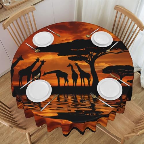 SATUSA Tischdecke mit Giraffen-Motiv unter dem Baum in Afrika, rund, 152 cm Durchmesser, wasserabweisend, abwischbar, Polyester-Tischdecke, Dekoration von SATUSA