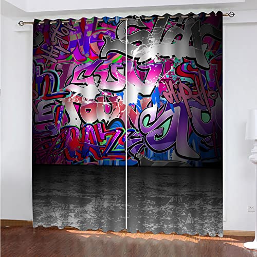 SATUSA Vorhang Blickdicht 3D Kunst-Graffiti Muster Ösenschal 2Er Set 140X160Cm Fenster Gardinen Mit Ösen Verdunkelungsvorhang Wohnzimmer Kinderzimmer Thermovorhang Schallschutz Vorhänge von SATUSA