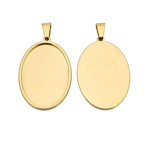 SAUNCHI 10 Stück Edelstahl vergoldet ovale Cabochon-Anhänger blanko Lünetten unvergessliche Fotorahmen-Tabletts für Schmuck, Halsketten, Schlüsselanhänger (vertikaler Artikel, 25 x 35 mm) von SAUNUCHI