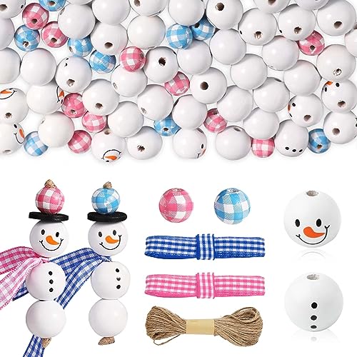150 Stück Schneemann Holzperlen, Holzperlen Weihnachten Büffelkaro-Holzperlen Niedlich Holzperlen, mit Hanfseil Band für Heimwerker Schmuckherstellung Kunsthandwerk (Blau-Rosa Kariert) von SAVITA