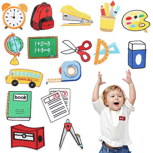 16 Stück Aufnäher zum Aufbügeln zum Thema Zurück zur Schule, Bügelflicken Bunt mit Schulthema Dekorative Bücher, Globus, Farbtablett, Bus, Schulapplikationen für Kleidung, DIY-Handwerk 16 Stück Aufnäher zum Aufbügeln zum Thema Zurück zur Schule, Bügelflicken Bunt mit Schulthema Dekorative Bücher, Globus, Farbtablett, Bus, Schulapplikationen für Kleidung, DIY-Handwerk von SAVITA