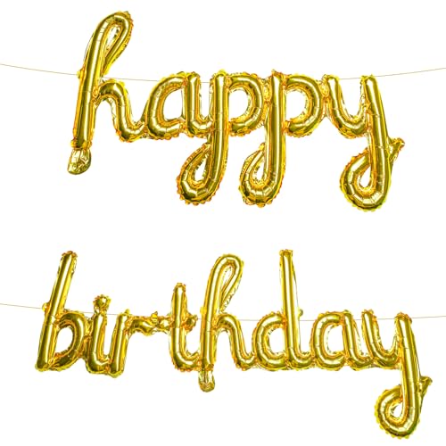 SAVITA 2 Stück Happy Birthday Ballon Banner, Gold, 40cm Ballon Buchstaben mit Band und Strohhalm für den Hintergrund, Kinder und Erwachsene (Geburtstage) von SAVITA