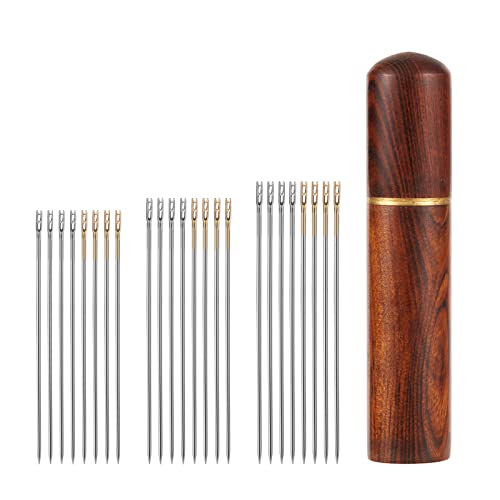 25 Stück Self Threading Needles, Edelstahl Handnähnadeln mit Holzetui Blindnadeln für Häkelprojekte, Aufbewahrung von Sticknadeln (3 Größen) von SAVITA