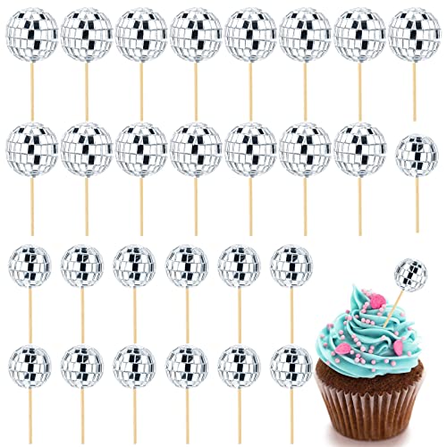 30 Stück Disco Cupcake Topper, Discokugel mit Bambusstäbchen Disco Thema Tortenaufsatz für Kuchen Dekorationen Cupcake Dekor Dessert Zubehör Disco Party (Silber) von SAVITA