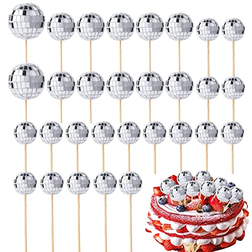 30 Stück Spiegelkugel Cupcake Topper Disco Ball Picks Disco-Thema Tortenauflagen für Tortendekorationen Cupcake Dekor Dessert Zubehör Disco Party Ornament (Silber) von SAVITA