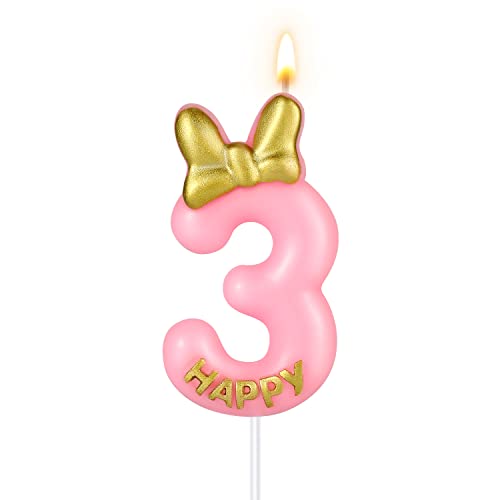 5,8cm Rosa Geburtstagskerzen, Niedlich Geburtstag Nummer Kerzen mit Schleifenknoten Kuchenzahlenkerzen für Mädchen Geburtstag Jubiläum Partys (3 von SAVITA