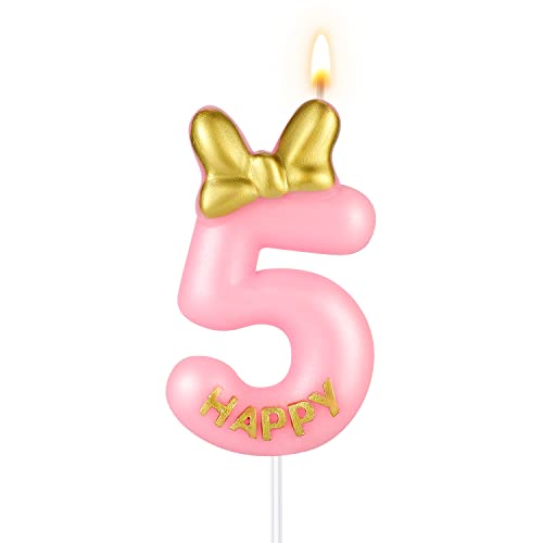 5,8cm Rosa Geburtstagskerzen, Niedlich Geburtstag Nummer Kerzen mit Schleifenknoten Kuchenzahlenkerzen für Mädchen Geburtstag Jubiläum Partys (5) von SAVITA