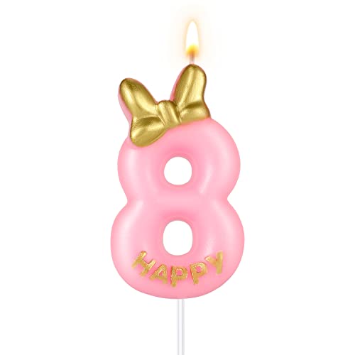 5,8cm Rosa Geburtstagskerzen, Niedlich Geburtstag Nummer Kerzen mit Schleifenknoten Kuchenzahlenkerzen für Mädchen Geburtstag Jubiläum Partys (8 von SAVITA