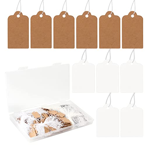 500 Stück Etiketten Kraft Papier mit Schnur, 26 x 13 mm Leere Preisschilder zum Aufhängen Preisschild für Schmuck Kleidung Einzelhandel (300 Stück Braun, 200 Stück Weiß) von SAVITA