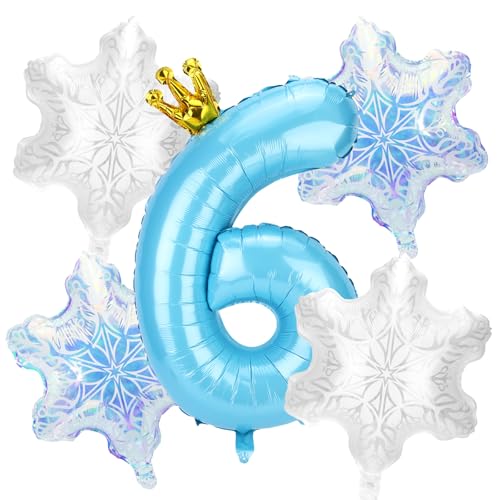 5stk Schneeballon-Dekorationen Geburtstagspartys, Blaue Zahlen und 4stk Schneeflockenballons Dekorationen und Gastgeschenke für Geburtstagspartys Winterwunderland Blaue Prinzessin(Nummer 6) von SAVITA