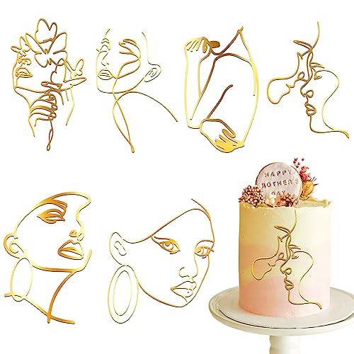 6 Stück Art Lady Face Cake Topper, Gold Line Kuchendekoration Lady Face Cake Topper Geeignet für Geburtstagskuchendekoration Hochzeitstortenaufsätze Partyzubehör von SAVITA